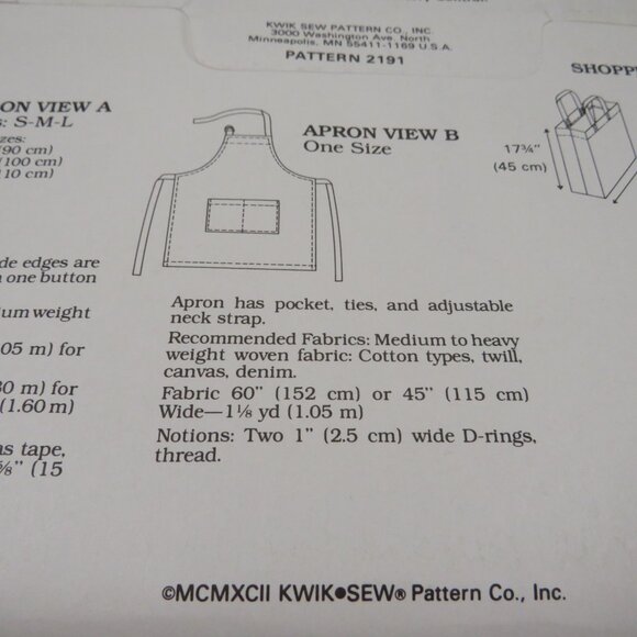 Kwik Sew 2191 Sewing Pattern Aprons, Shopping Bag, Lunch Bag UNCUT - Picture 3 of 7